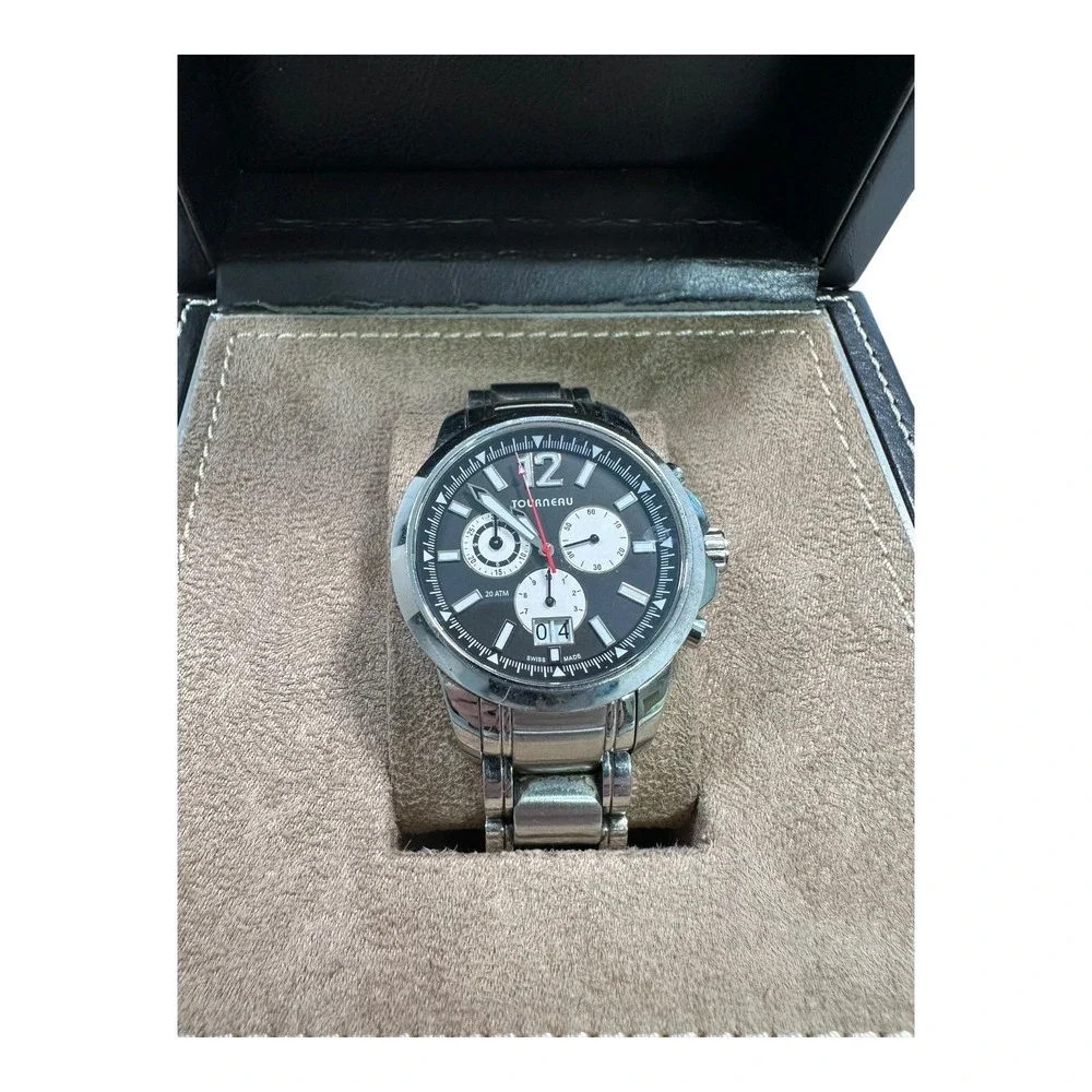 Tourneau‎ Timepieces Stainless Steel Chronograph Watch Black Dial Mens